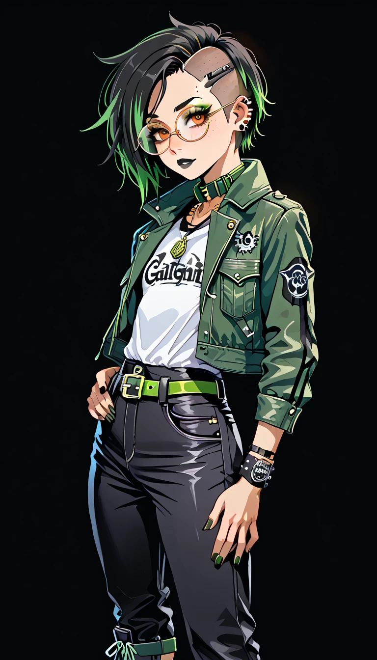 1boy;Androgynous;Japanese;dark brown punk undercut hair;gold eyes;freckled skin;toned,athletic body;black lip gloss;black eyeliner;green eyeshadow;sharp black nails;round glasses;black tight full shirt;black cargo pants;green belt;Green Canvas Jacket;Combat Boots;amber pendant;green collar;pierced ears;GothMOONXL
