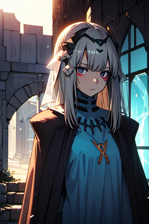 best quality, highly detailed, dark shadows,day, ruins, bioluminescence, 9a91normal, 1girl, solo, empty eyes, expressionless,  blue cape, blue capelet, (blue dress:0.75),long veil, headgear, 