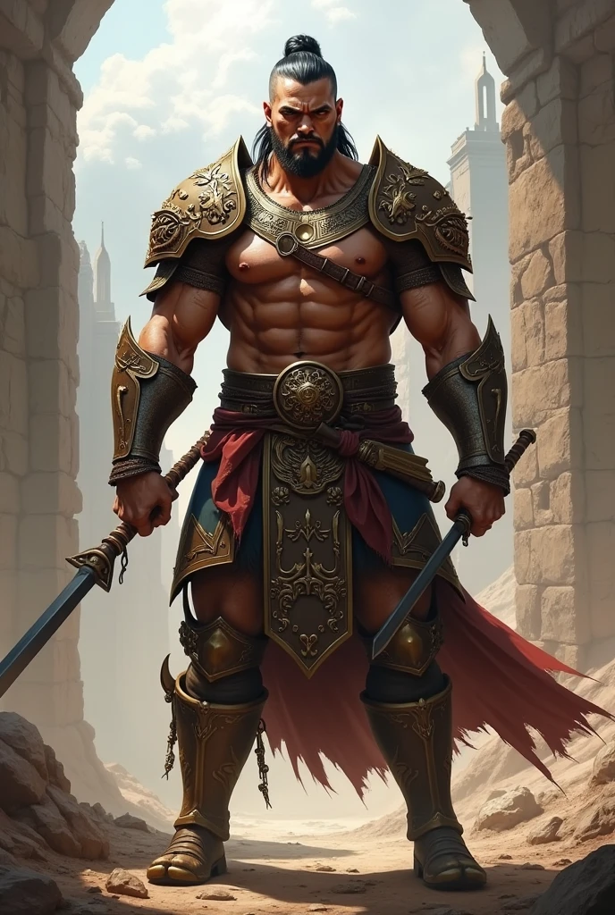A male character looks up proudly, wearing the ancient bonus equipment, very proud, the background is very damaged battlefield, very broad and exquisite. Heavy nail
