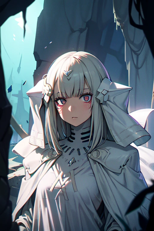 best quality, highly detailed, dark shadows,day, ruins, bioluminescence, 9a91normal, 1girl, solo, empty eyes, expressionless,  white cape, white capelet, (white dress:0.75),long veil, headgear, 