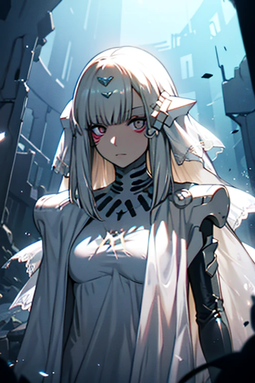 best quality, highly detailed, dark shadows,day, ruins, bioluminescence, 9a91normal, 1girl, solo, empty eyes, expressionless,  white cape, white capelet, (white dress:0.75),long veil, headgear, 