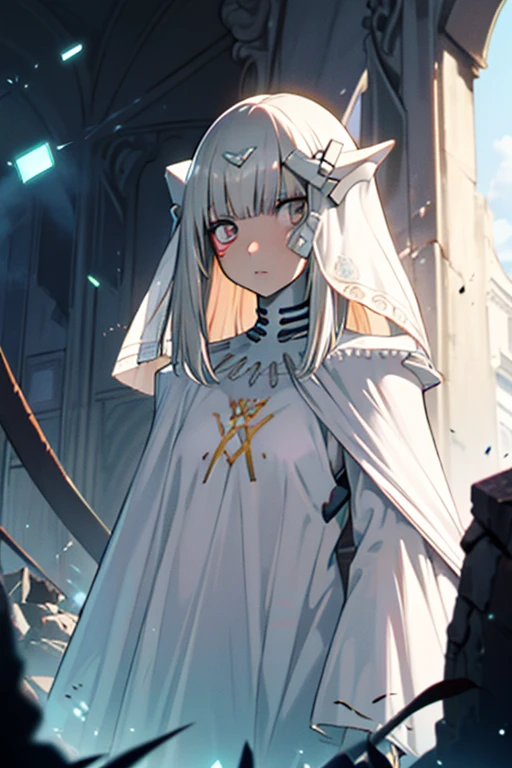 best quality, highly detailed, dark shadows,day, ruins, bioluminescence, 9a91normal, 1girl, solo, empty eyes, expressionless,  white cape, white capelet, (white dress:0.75),long veil, headgear, 