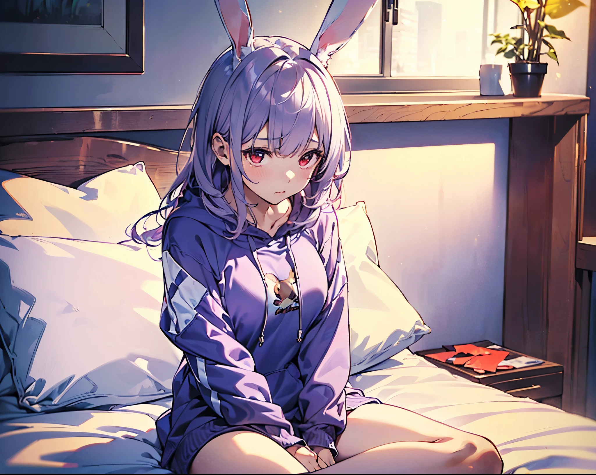 (Close-up:1.3),Realistic,Highest quality, Super detailed, High-quality CG rendering, The most delicate and beautiful, Floating softly, High resolution, (1 girl), (Highest quality,4K,8K,masterpiece:1.2 Light purple hair,(Bunny ears:1.5),(Hair in a bun:1.5),Red eyes,(Pure white oversized long sleeve hoodie:1.3),Small room,bed,(bedに座っている:1.4)