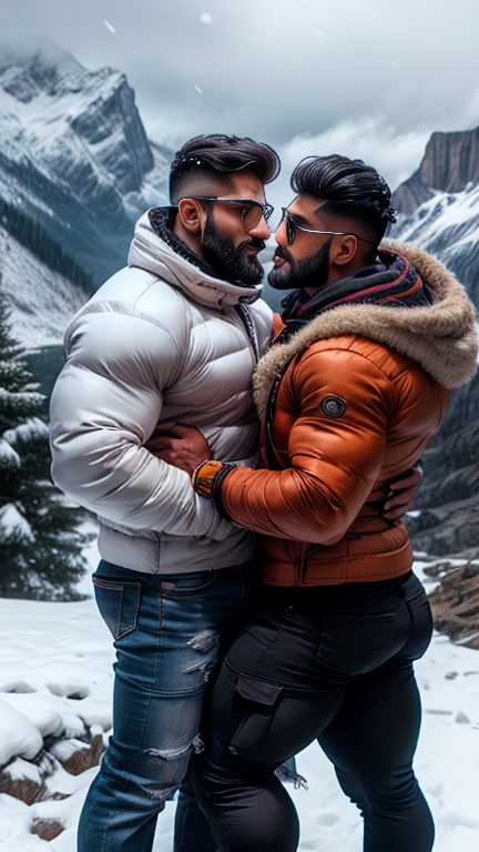 forcefully indian muscular daddy Arjun khanna gay couple hunk rough kissing, physically violence, snow flakes stuck in indian daddy beared and hair. perfect angel view, two indian beared daddy muscular hunk wih sexy lips weared snow sunglasses with fluffy snow jacket doing tounge kissing in hilly snowing mountain, snow falling, snow flakes stuck in beared and hair. masterpiece    bodybuiler indian wrist bands with spiky hairstyle weared red snow fluffy jacket with black cargo standing on snow mountain with full spread legs, His perfect( big huge penis) of his pant,masterpieces 