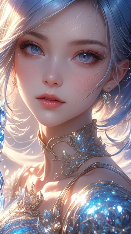 A close-up, photorealistic 8K image of a Thai woman with transparent, crystal-like skin, softly glowing from within with a gentle blue light. Her hair flows like liquid metal, surrounded by an aura of shimmering particles. emphasizing the intricate details of her skin and hair. The shot focuses on the high-quality texture, presented in UHD, ensuring a hyper-realistic representation.