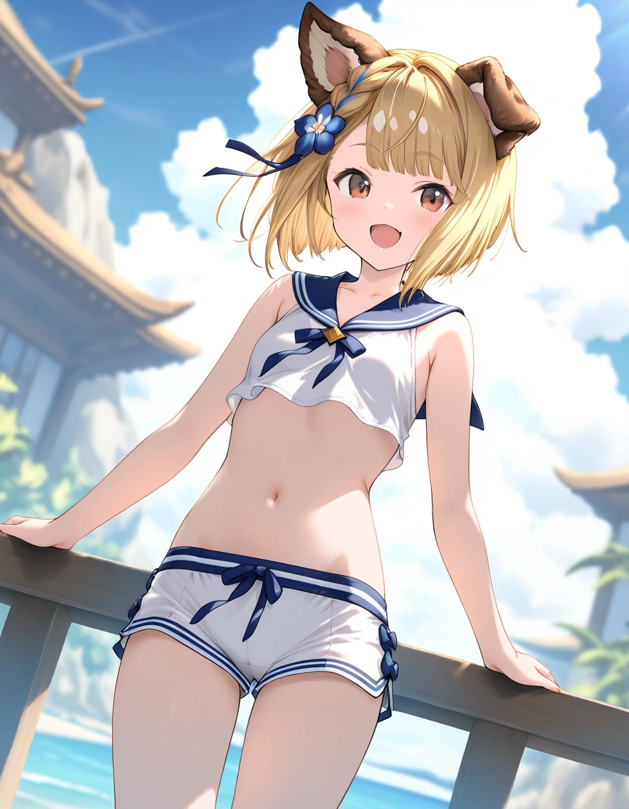 1girl, vajra_(granblue_fantasy), little female, short hair, blonde hair, dog ears, brown eyes, beautiful detailed eyes, small breasts,sailor crop top, bikini shorts, open mouth, outdoors, wind, game CG break,((artist:shida_kazuhiro)),(artist:mitsumi_misato),(artist:fujiyama),,(masterpiece), (best quality), (ultra-detailed), very aesthetic, newest, beauty illustration,super detailed skin,  (masterpiece), (best quality), (ultra-detailed), very aesthetic lighting,hi res,absurd_res,2023,2024,(shaded),digital media (artwork), realistic lighting, 4k, 8k,