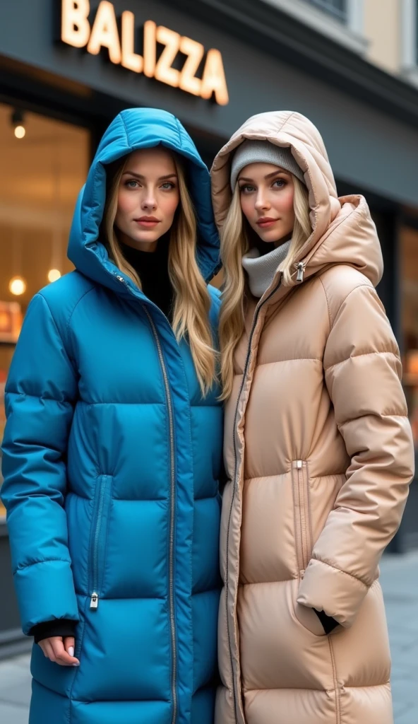 ultrarealistic high quality full body photo of 2 beautiful busty slim european 25-year-old women with cute hyperdetailed shy face and natural redhead messy bun hair and shy smile , realistic round hazel eyes, natural lips, dark eye makeup with eyeliner, wearing casual hoodie and latex leggins, hourglass body, outdoor photography, tanned