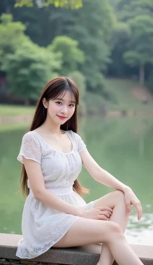 woman sitting on a wall near a body of water,  young cute wan asian face, xision wu, chengyou liu, Young Asian girl, Korean girl, gorgeous chinese models, A young Asian woman, beautiful Korean women,