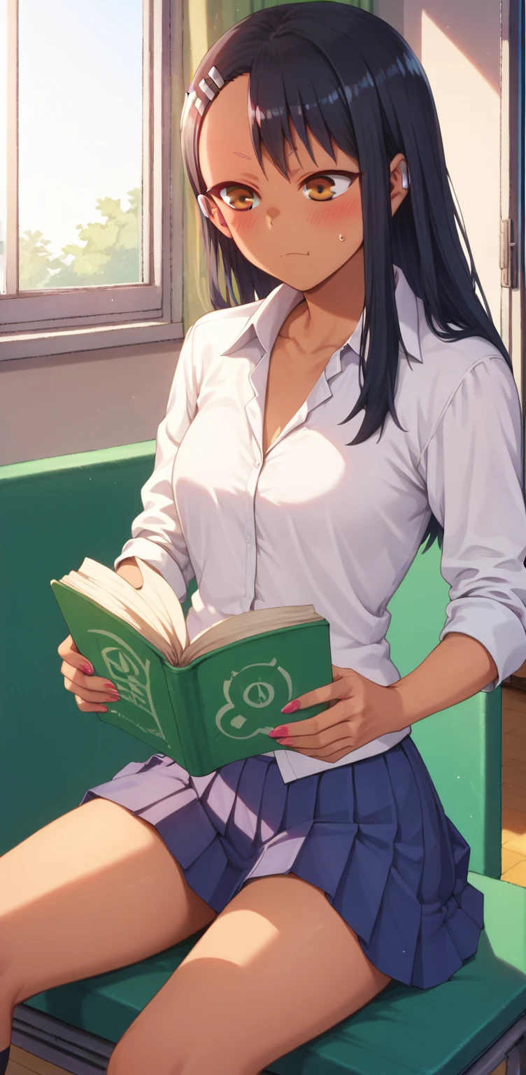 Nagatoro San     :       dressed in school uniform, at the gym  . reading a book 