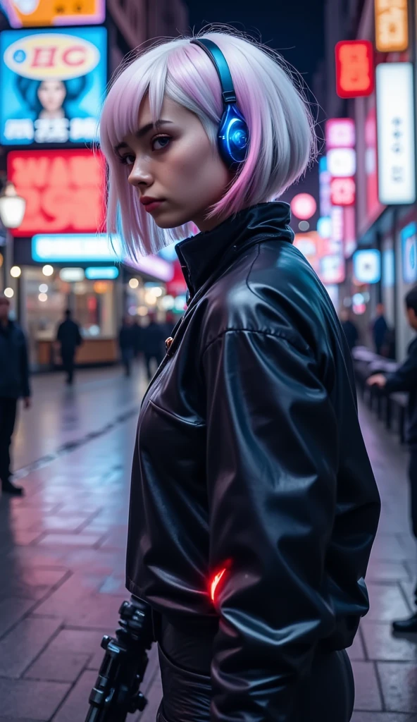 "Ultra high resolution, UHD, Ultra-detailed, hyper-realistic skin texture, high-quality rendering, Photorealistic portrait ,                 lucynova" “choppy bob, asymmetrical pure white hair styled in a layered "Short Pink and blue highlights” walking on the streets, cyberpunk city, neon lights, holding a gun, wearing cyberware implants, side profile , 


