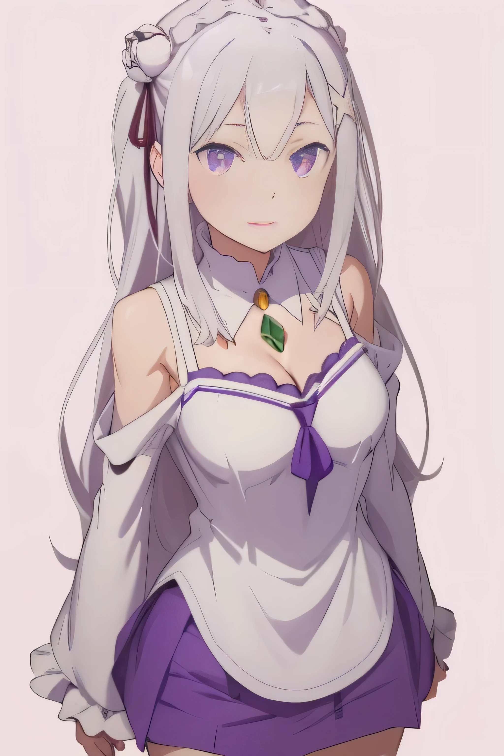 ( Multiple Views :1.5),from behind,from_Front,
what^±èœœèŽdryé›,Emilia (Again:zero),Pointy Ears,Hair again,Grey Hair, very long hair,Modest Bang, purple eyes, crown blade, side lock,×Hair accessories, hair flower, purple ribbon , very long hair, background,purple background,
whole body,Arms at both sides,smile,,With you,
£ ä ̧, detachable color ,gem,Shoulder again, clevis, pleated skirt,White Skirt,White&#39;s Counterattack,frills,Sleeveless,Wide sleeves,Frills sleeves, Long Sleeve , white stockings ,,  Refined Visuals ,  high definition ,masterpiece, best quality,,  Refined Visuals , high definition ,masterpiece, best quality,18 years old, young woman ,  Beautiful Fingers  , beautiful long legs , beautiful body, BEAUTIFUL CHARACTER DESIGN , white panties ,