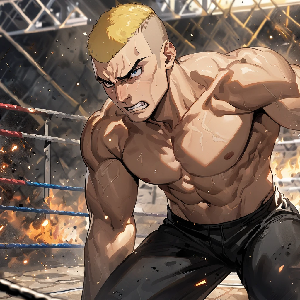 1man, heavy weight muscular, black wrestling bikini, solo, topless, blonde, fighting stance, hollywood action, masculine handsome guy, tsurime, sanpaku, blue eyes, spiked hair, nipples, abs, male high ratio body proportions, dramatic expression, dutch angle, on wrestling ring, thick waist, stocky waist, slighty chubby, muscular plump, 1990s, cinematic shadows, cinematic lighting, lens flare, light leaks, VHS Quality