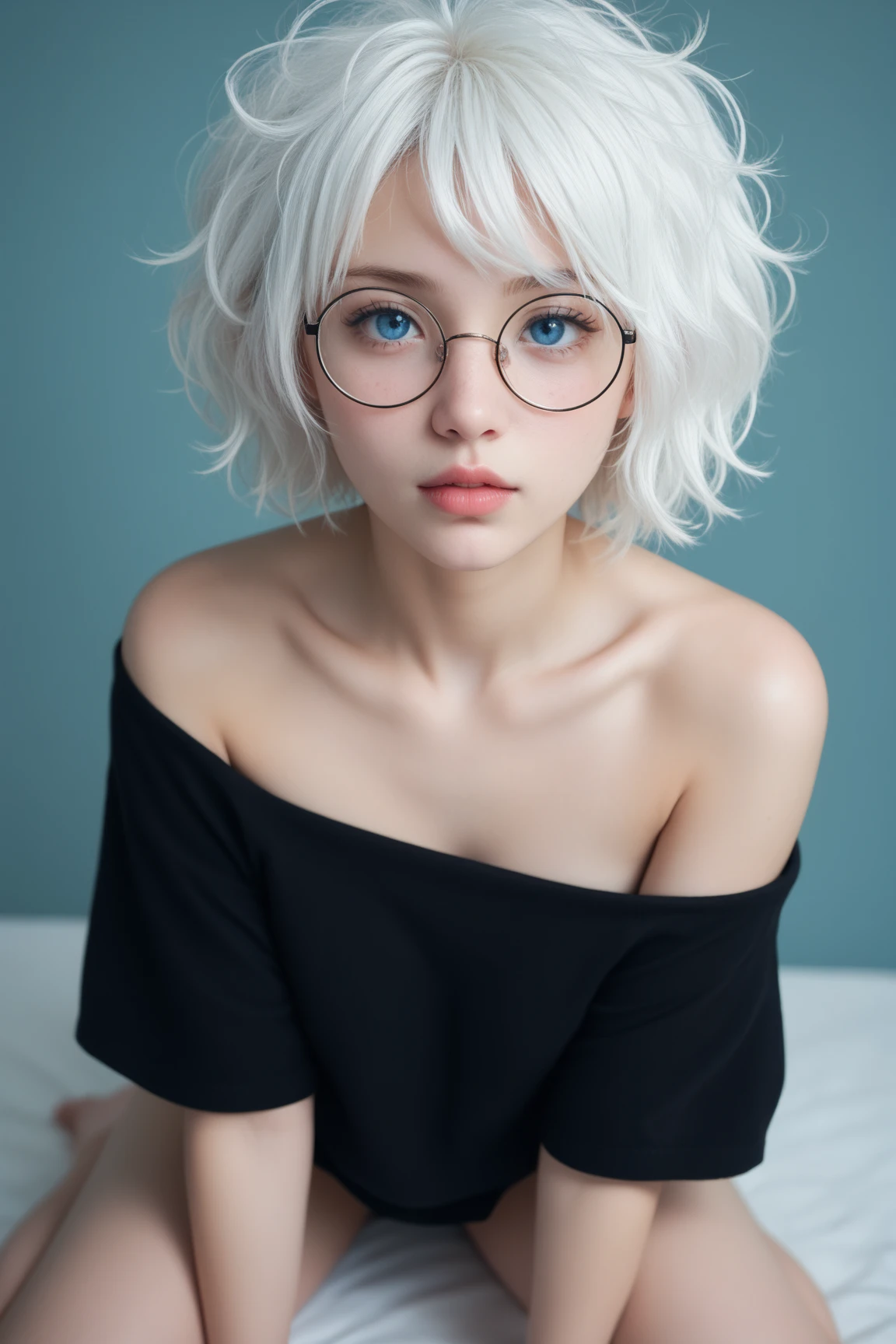  a girl with short, messy white hair, Round glasses,  blue eyes,  wearing a black off-the-shoulder top ，High neckline above the knee  , miniskirt, ，My mouth is full of milk ， milk drips on my chest，Kneeling長い髪, 