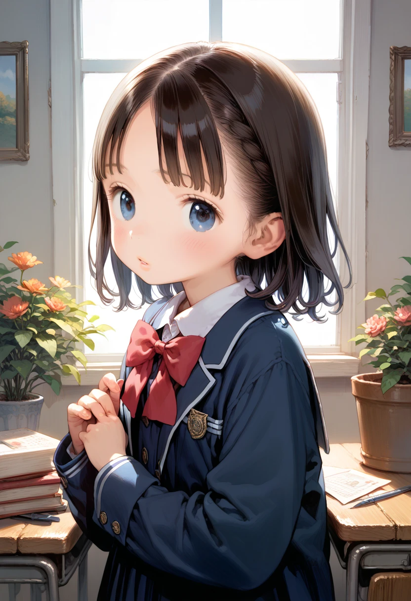 (quality masterpiece, quality best, score_9, score_8_up, score_7_up, score_6_up, score_5_up, score_4_up, source_anime), (fcowboy_shot), (li, Petite, parted bangs, medium hair, Blue Eyes, big eyes, brown hair), school uniform, shirtSitting in a chair, best qualityer, work of art, details Intricate, tone mapping, sharp focus, hyper detailled, trends on ArtStation, realisitic, (Detailed eyes, detailed lips, highly detailed hair)