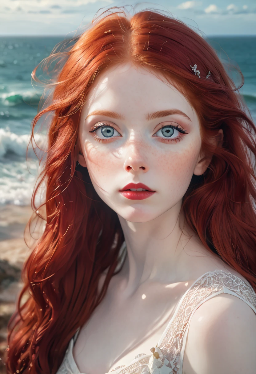 a beautiful girl with crimson red hair, pale skin, large eyes, close-up portrait, seascape in the background, detailed facial features, photorealistic, ultra-detailed, 8k, award-winning portrait, elegant, serene, natural lighting, soft colors, cinematic, atmospheric, magical realism