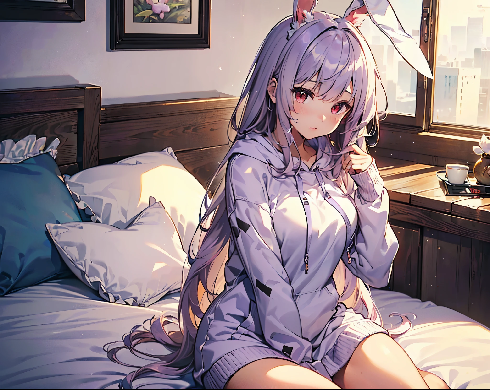 Realistic,highest quality, Ultra Detail, High-quality CG rendering, The most delicate and beautiful, Floating softly, High resolution, (1 girl), (Highest quality,4K,8K,masterpiece:1.2), Light purple hair,Rabbit,Bunny ears,(Bun Hair:1.3),Red eyes,(White oversized hoodie:1.3),Inside the room,bed,(bedに座っている:1.4)