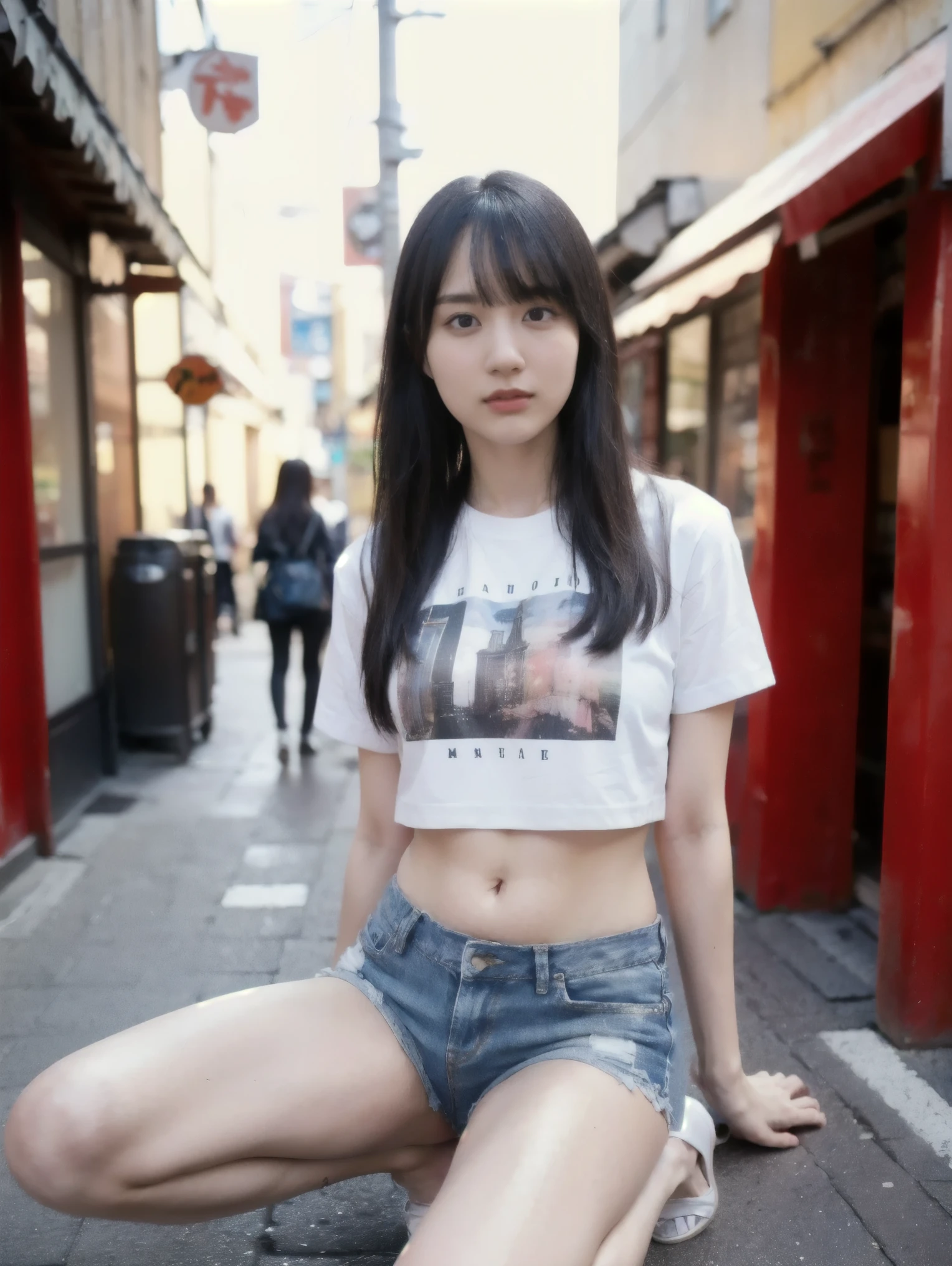 nsfw、***One person、In the city of Tokyo、Cityscape、Downtown at night、neon、The sign is dazzling、 upper body、 close-up、 long hair with dark brown hair、(8k、 Uncut Pictures 、top-quality、masterpiece:1.2)、(Realistic、photoRealstic:1.37)、 Highly Detailed Lash Drawing in a Dark Back Alley in Tokyo 、((( best image quality)))), slender。 fine skin, (Beautiful Hair), (perfect anatomy), (Realistic), sensual expression, topquality, high definition , (((full bodyesbian)))、 damage denim shorts、WHITE SHORT T-SHIRT WITH YOUR BELLY SHOW 、( high heels)、 I'm wearing
