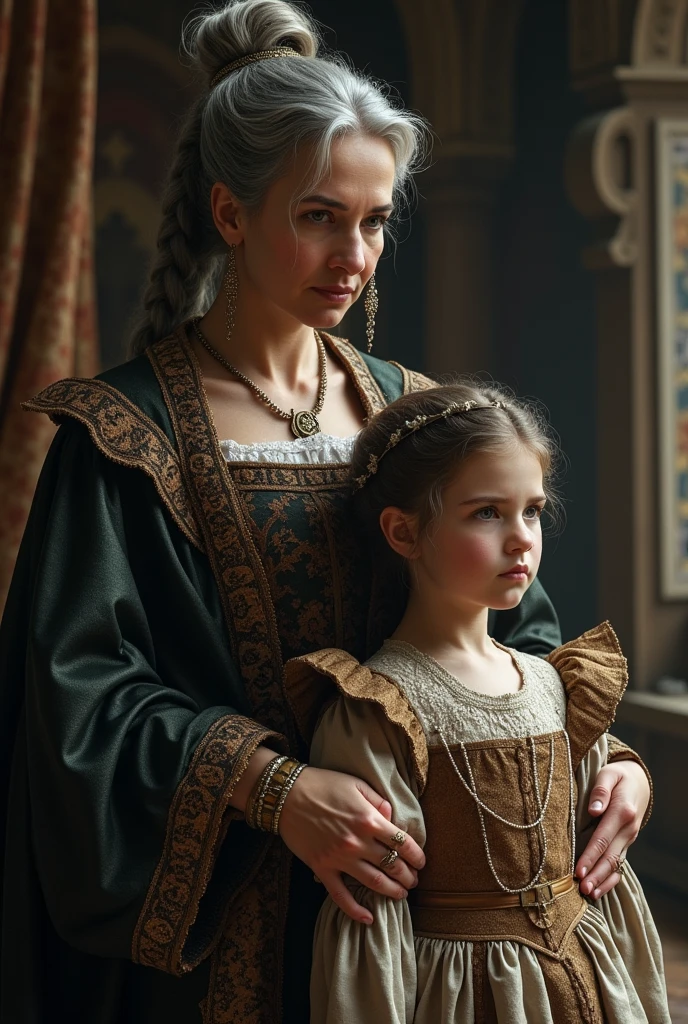 bestquality,10,highres,ultra-detail,portrait,A beautiful girl with long hair holds her son.,A rugged aristocracy.,mediaeval,Royal Costume,Inside the palace,Golden Throne,detailed facial features,Expressive eyes and lips,rich colors,gentle lighting