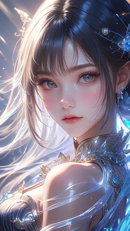 A close-up, photorealistic 8K image of a Thai woman with transparent, crystal-like skin, softly glowing from within with a gentle blue light. Her hair flows like liquid metal, surrounded by an aura of shimmering particles. emphasizing the intricate details of her skin and hair. The shot focuses on the high-quality texture, presented in UHD, ensuring a hyper-realistic representation.