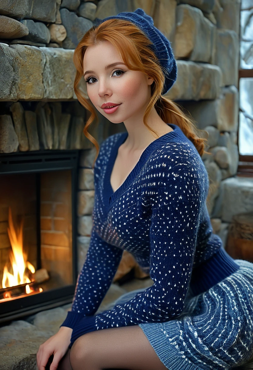 A Nubile, Sultry And Alluring needy Woman Who Is Stting In Front Of A Stone Fireplace Wearing A Tight Cozy Navy Blue Knitted Sweater. B-Cup. cleavage. cute pose. A Cute Skirt With Leggings The Scene Is Cosy And Hygge. Snowing Outside. The Medium Used To Depict This Artwork Is Oil Painting, Ensuring A High-Quality And Detailed Result. The Painting Style Is Realistic And Photorealistic, With Vivid Colors And Sharp Focus. The Overall Lighting Is Well-Balanced, Illuminating The Scene Beautifully. Molly Quinn
