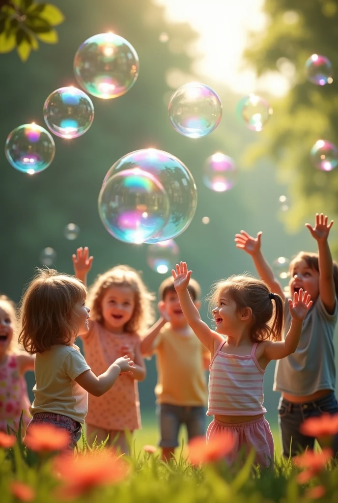 3 children garden Soap bubble play