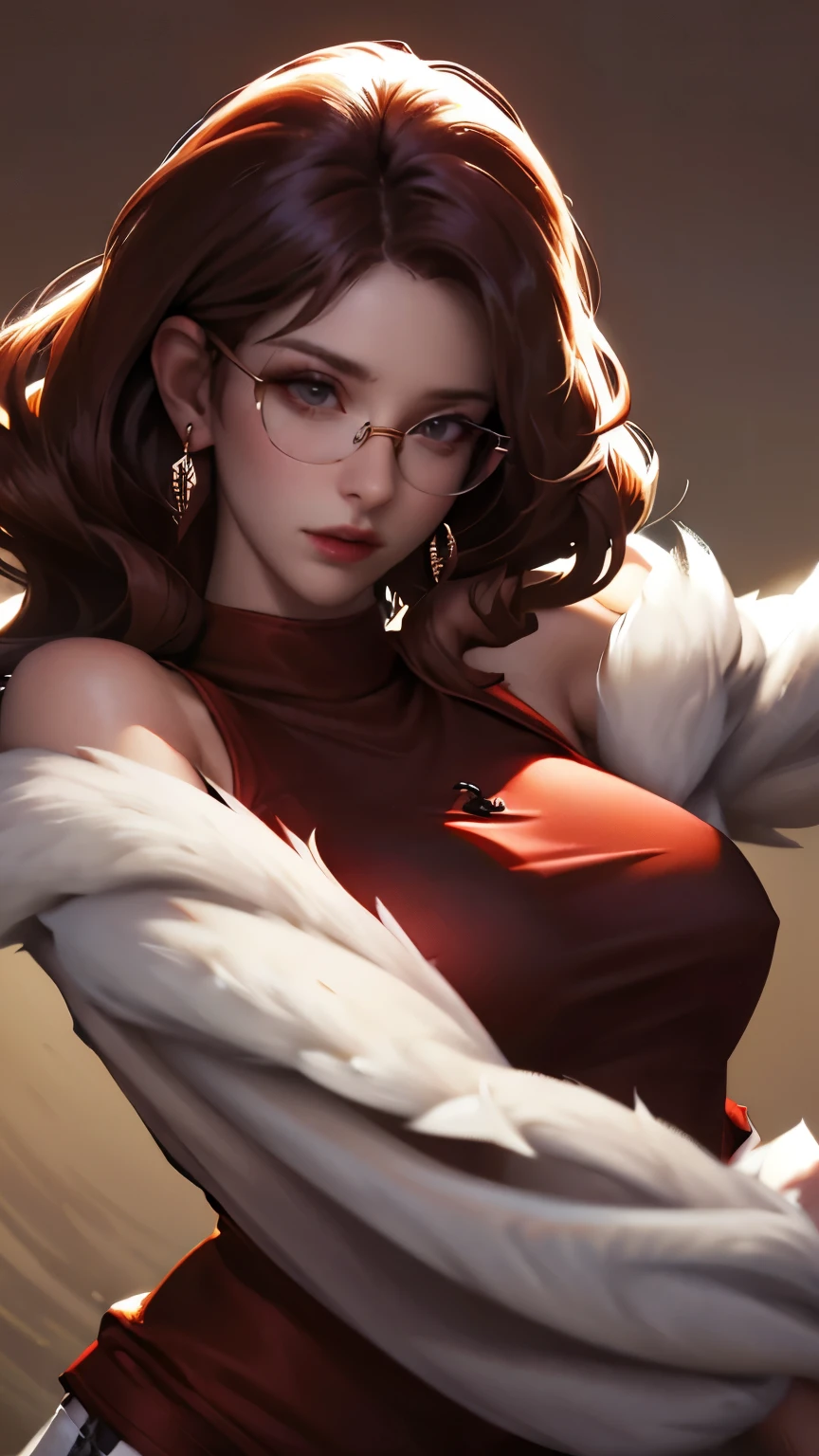 Wearing red narrow-rimmed glasses, beige cut-and-sew top, round neck, long sleeve U-neck, long T-shirt, plain stretch, box pleated skirt with red and black design, arms behind back and upper body leaning forward to approach the viewer, peeking at the viewer, tilting head, cute playful expression, medium wave perm hair, (High Definition), (Masterpiece), (Realistic), (Attention to Detail), (Sharp Focus), (Highest Quality), (Detailed Skin), (Exquisite Detail), (8k),