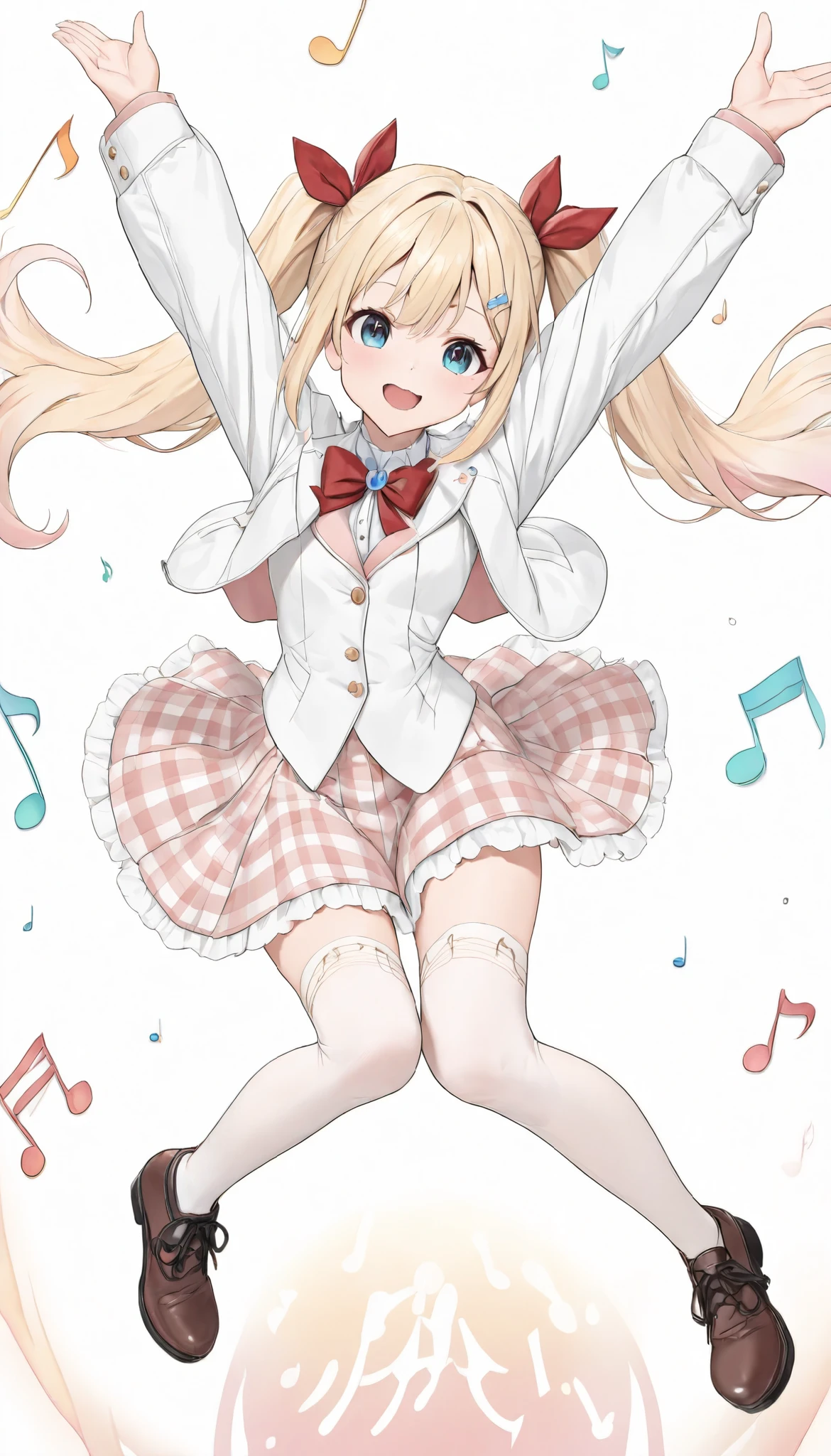 masterpiece, best quality, 8k, highres, ultra-detailed, HDR, UHD,pastel
theme color green, best quality, 1girl, blonde hair, long hair, twin tails, red bow, music-themed outfit, musical note hair clip, white jacket, piano key pattern, plaid skirt, frilly hem, thigh-high stockings, brown shoes, ribbon accents, cheerful expression, open arms, dynamic pose, floating colorful music notes, vibrant, whimsical atmosphere, white background