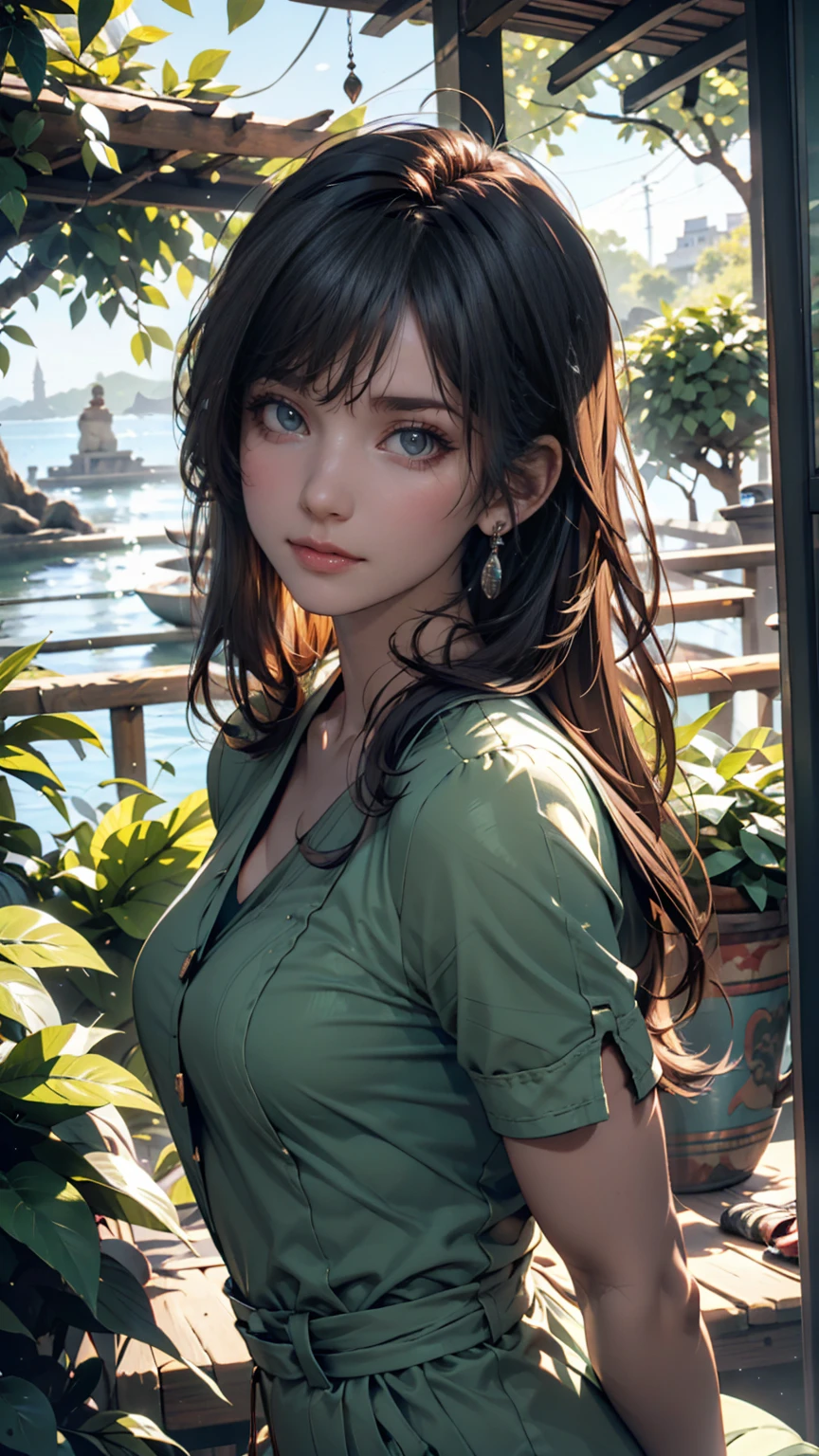 (masterpiece:1.2, highest quality), (Realistic, photoRealistic:1.4), Beautiful illustrations, (Natural Side Lighting, Cinema Lighting), 
Looking at the audience, Upper Body, (Front view), (1 girl:1.5), Japanese, cute girl, Perfect Face, Symmetrical cute face, Shiny skin, Baby Face, Tie your bangs back, Red eyes, Long eyelashes, (medium Breasts), (wide hips:1.3),plump thighs,Beautiful Hair, Beautiful Face, Fine and beautiful eyes, Beautiful clavicle, Beautiful body, Beautiful breasts, Beautiful thighs, Beautiful legs, Beautiful fingers,(Beautiful views),(Cute Smile, Upper Eye), 16 year old girl, (lightgreen color,organic cotton thick checkered summer camisole dress: 1.5), (large head bow in same pattern:1.5), (fluffy semi-long hair,brown hair), summer,
