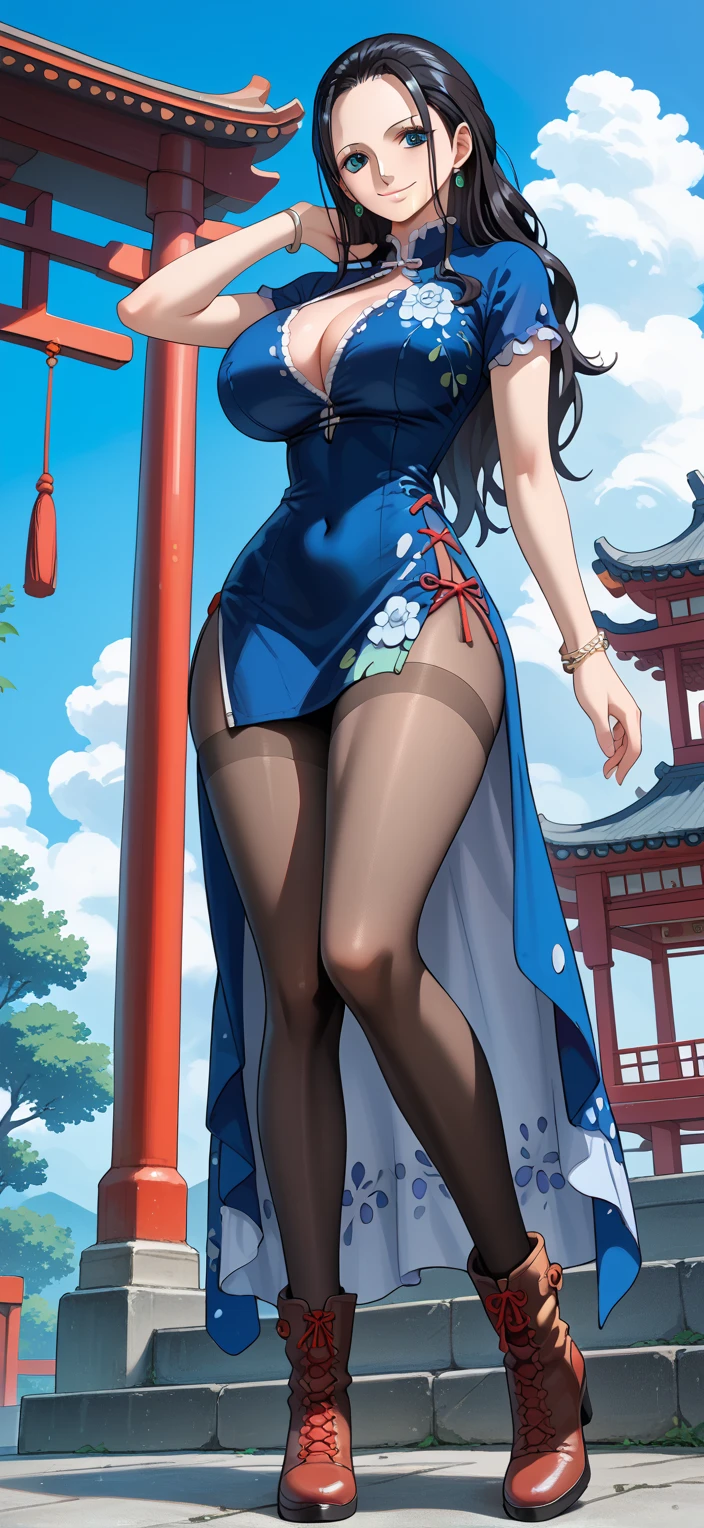 nico robin, Fit girl, score_9, score_8_up, score_7_up, score_9, source_anime, BREAK  NicorobinSDXL, 1girl, solo, long hair, huge breasts, large butt, looking at viewer, smile, blue eyes, black hair, navel, cleavage, closed mouth, standing, hair slicked back, Hair back, 1girl, breasts, pantyhose, jewelry, long_hair, earrings, solo, blue_eyes, boots, black_hair, large_breasts, full_body, thighband_pantyhose, china_dress, chinese_clothes, bracelet, smile, white_footwear, looking_at_viewer, sky, day, outdoors, dress, blue_sky, cloud, cross-laced_footwear, black_pantyhose, standing, bangs, east_asian_architecture, short_sleeves, floral_print, lace-up_boots, thighs, architecture