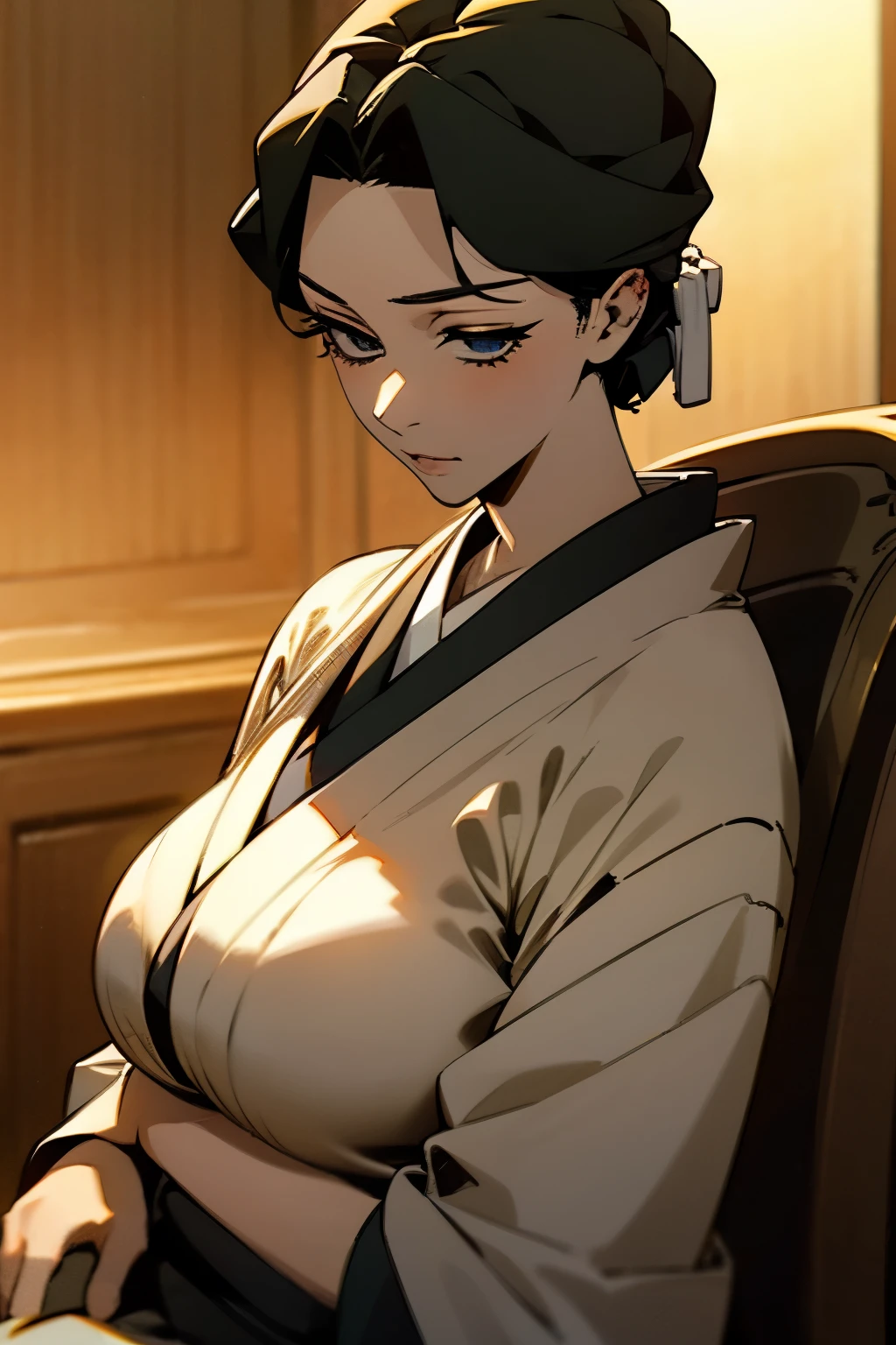 woman, Madura, kimono black, headband covering the breasts , Neckline look wicked ,  black hair ,  kimono covering the whole body, Big breasts , mulher yakuza,olhar malvada, lábios vermelho, sentado em um trono 