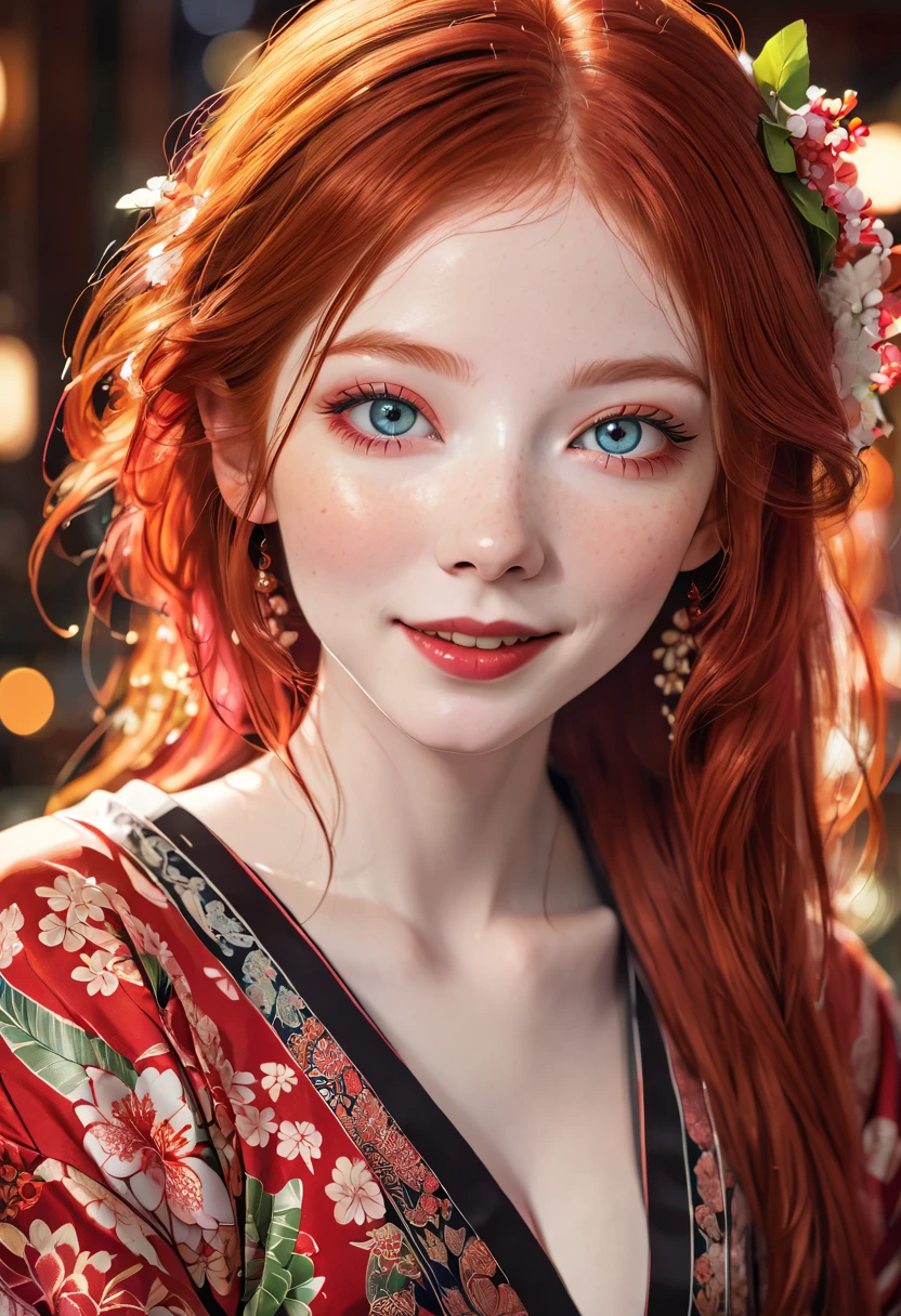 girl with red hair, pale skin, beautiful detailed eyes, beautiful detailed lips, extremely detailed face, longeyelashes, smiling face, yukata, portrait, soft lighting, cinematic, warm color tones, vibrant colors, intricate details, high resolution, 8k, photorealistic, masterpiece, digital art