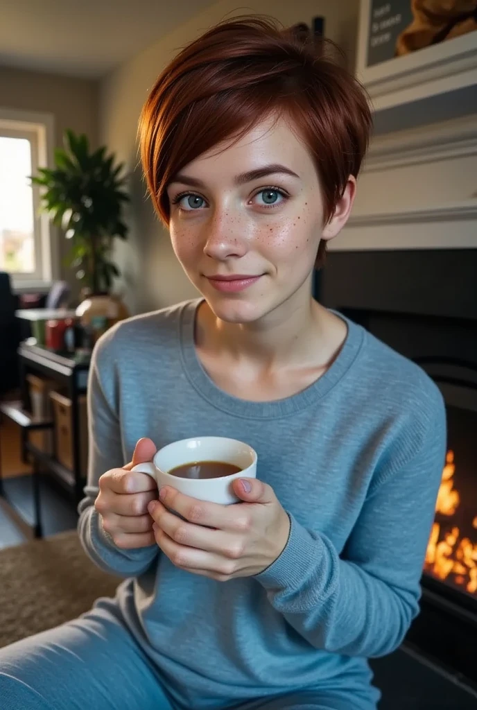 feminine figure, redhead, freckles, best quality, realistic skin texture, photography, detailed facial features, film grain texture and high contrast, extremely high-resolution details, photographic, photorealistic, hyper-realistic, HDR, masterpiece, ((very short pixie style hair)), thin waist, wide hips, sitting in front of the fire in the living room enjoying a cup of hot tea, wearing a blue sweater and sweatpants