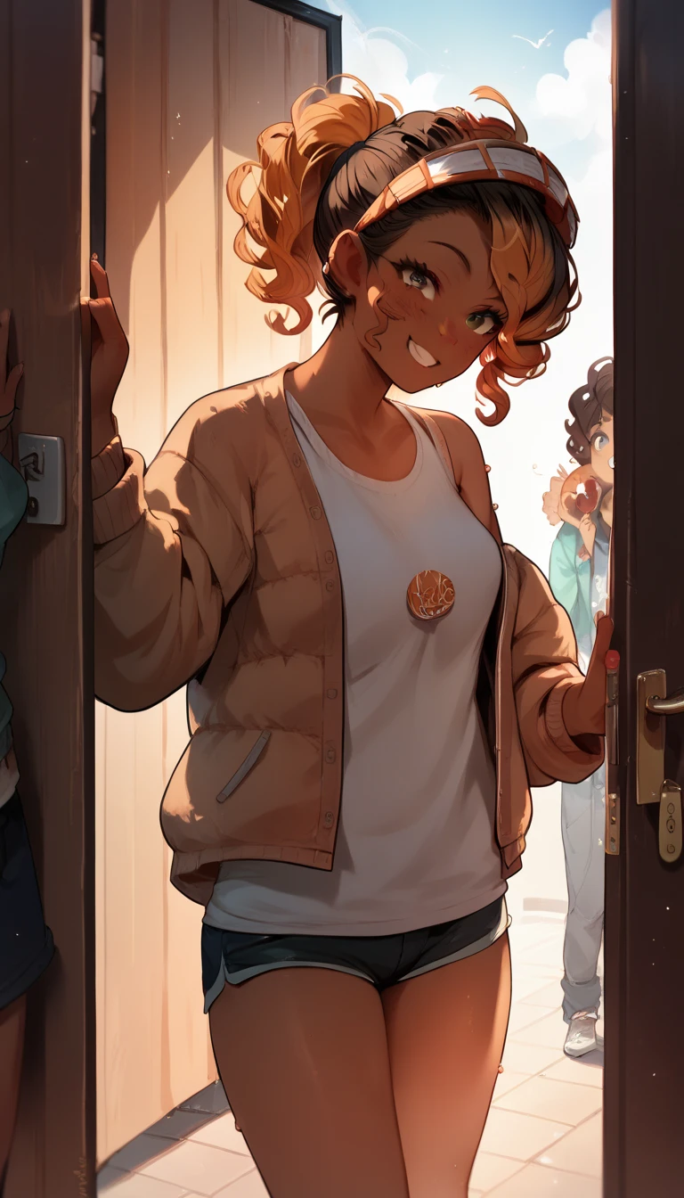 A girl of normal height,  tanned girl dressed like a student,   Using a ponytail ,  smiling,  orange curly hair  , trying to throw himself through the door.