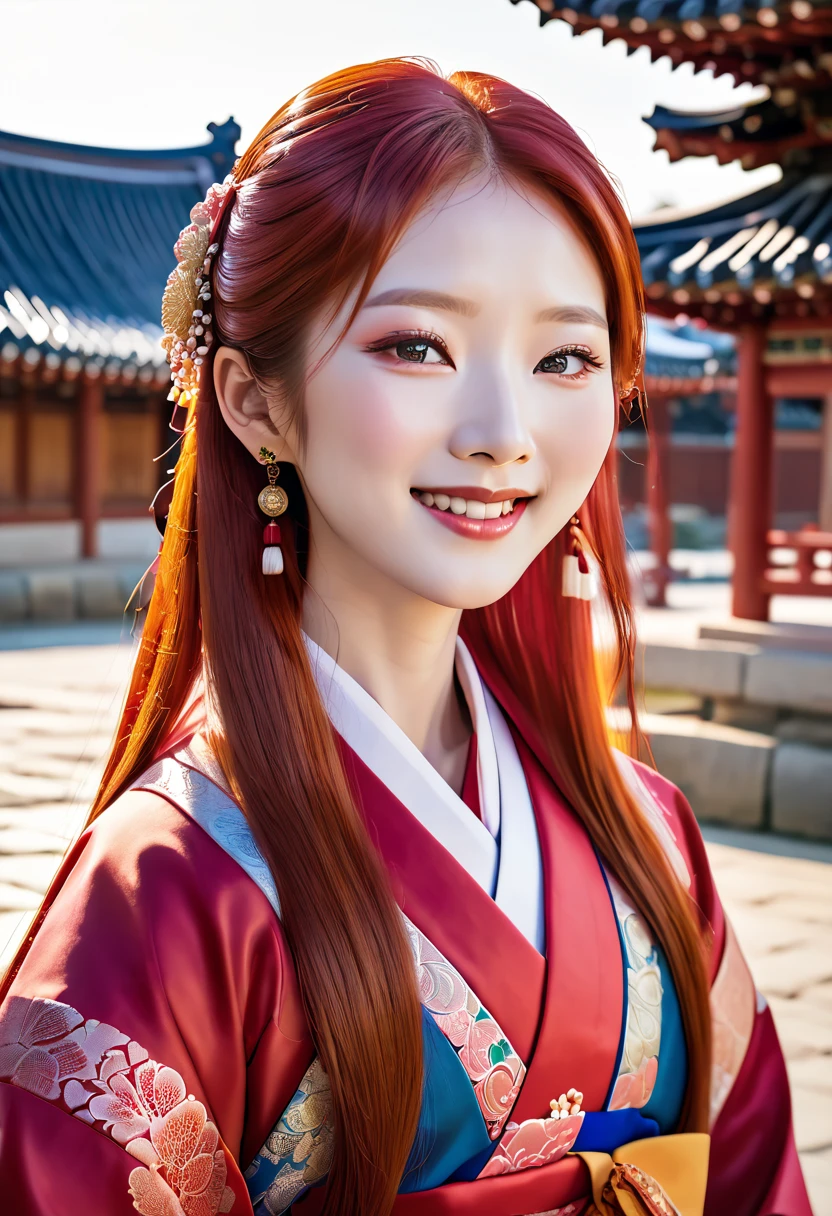  Beautiful Korean Woman Wearing Traditional Hanbok Dress.,  Smiling Woman with Long Red Hair and Pale Skin ,  Beautiful Standing at Gyeongbok Palace , ( Top Quality ,4K,8k, high resolution,masterpiece:1.2), very detailed ,( realistic,photo realistic,photo- realistic:1.37), Highly Detailed Eyes and Face , beautiful and detailed eyes, Beautiful Detailed Lips ,long eyelashes, Sophisticated Hanbok Dress , Traditional Korean Architecture ,Gorgeous Palace Interior , warm lighting , vivid colors ,Cinematic composition