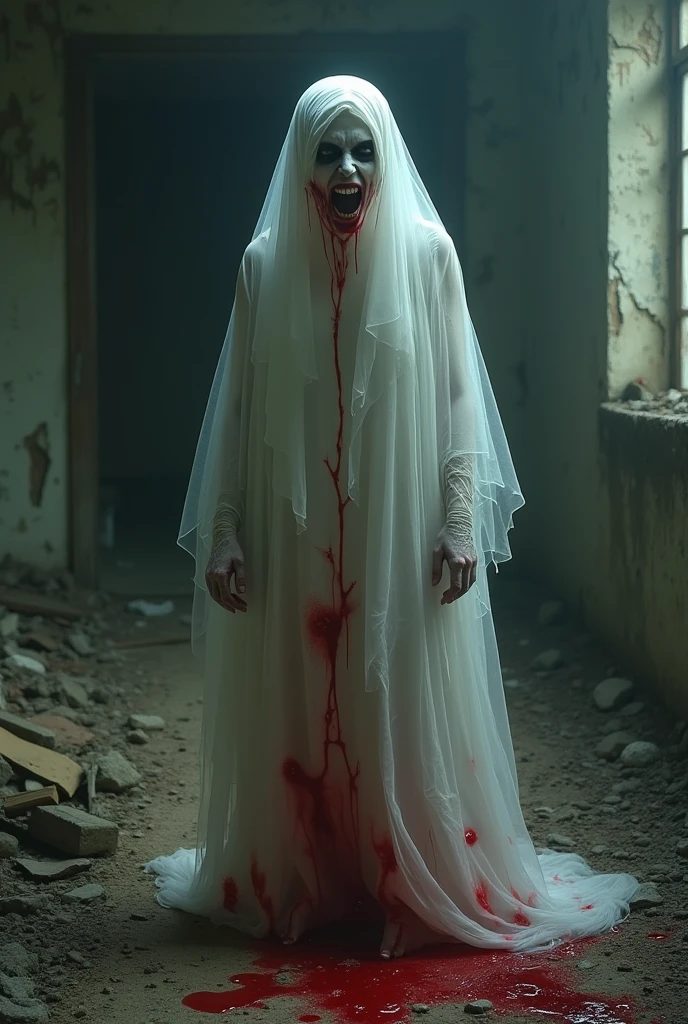 A ghost with creepy eyes and blood hoding a knife in a house