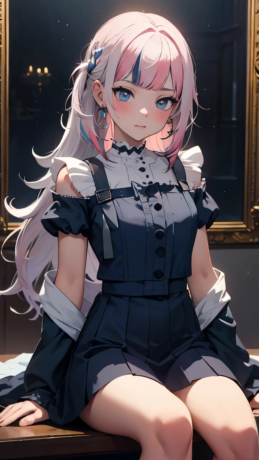 portrait sitting, fancy[gothic] eyes and hair kawaii nymph ahegao young schoolgirl, a sign by[anna dittman], by[jeremy mann], with school dress. bohemian. the highest level of detail. painting by gustave moreau style. high detail of the eyeshadow and clothing material, 32k resolution. aesthetically, vintage style.van helsing style, streaked hair, pink hair, white hair, makeup, shy, crystal earrings, jewelry, quad drills, Gothic art, cinematic lighting, ray tracing, dutch angle, Canon, Gothic art, Luminism, anime style, cinematic lighting, god rays, ray tracing, cowboy shot, masterpiece, anatomically correct, high details, retina, best quality, super detail, masterpiece, UHD, retina, award winning