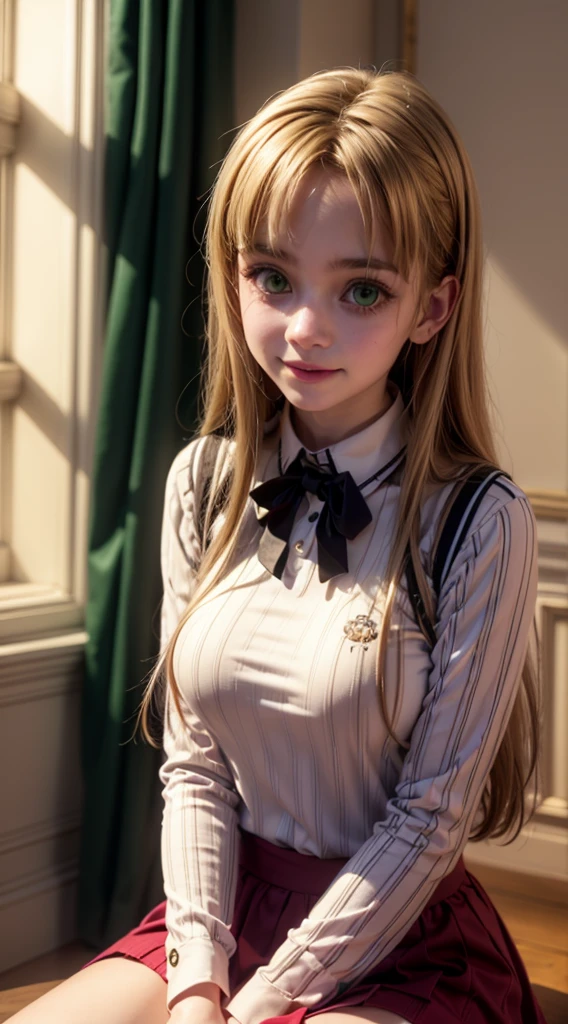 16k, highres, masterpiece, best quality, realistic, cinematic photo a very short girl, solo, (looking at viewer:1.2), high definition, 8K, detailed face, grabbing her breast, showing her breast,  (1girl, Hair Color/Style: long blonde hair, straight, center-parted bangs
Eye Color: (green eyes:1.3) — des yeux verts éclatants, captivants hairclip, medium breasts,,smile)), (( Outfit: school uniform, black sweater vest with white long-sleeved shirt underneath, red bow tie, burgundy pleated skirt
Accessories: small embroidered patch on the sweater, subtle makeup for a natural look
Pose: seated pose, slightly leaning forward
Expression: gentle smile, warm and inviting gaze
Setting: indoor room, wooden floor, sunlight streaming through a window
Lighting and Atmosphere: soft morning or afternoon light, calm and cozy atmosphere, warm tones))), luminous forest,((large breasts)), slim and thin, body of equal proportions, ((focus on her breast)), front view, four fingers and 1 thumb, ((2 hands)), Blonde hair, Beautiful smile, Smiling at viewer, blushing cheeks, (brown eyes:1.2),

