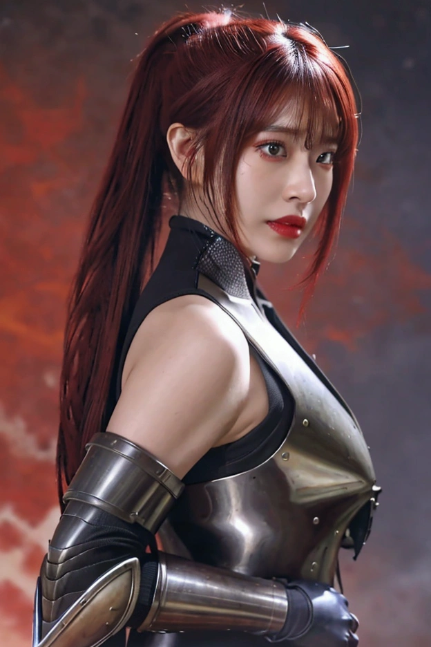 (Cinematic Aesthetic:1.4) 1girl,long red curly hair,bangs,hair between eyes,dark red eyes,looking at viewer,slight smirk :3,holding a rose,black red dress,steel armour elements,roses on clothes,full body