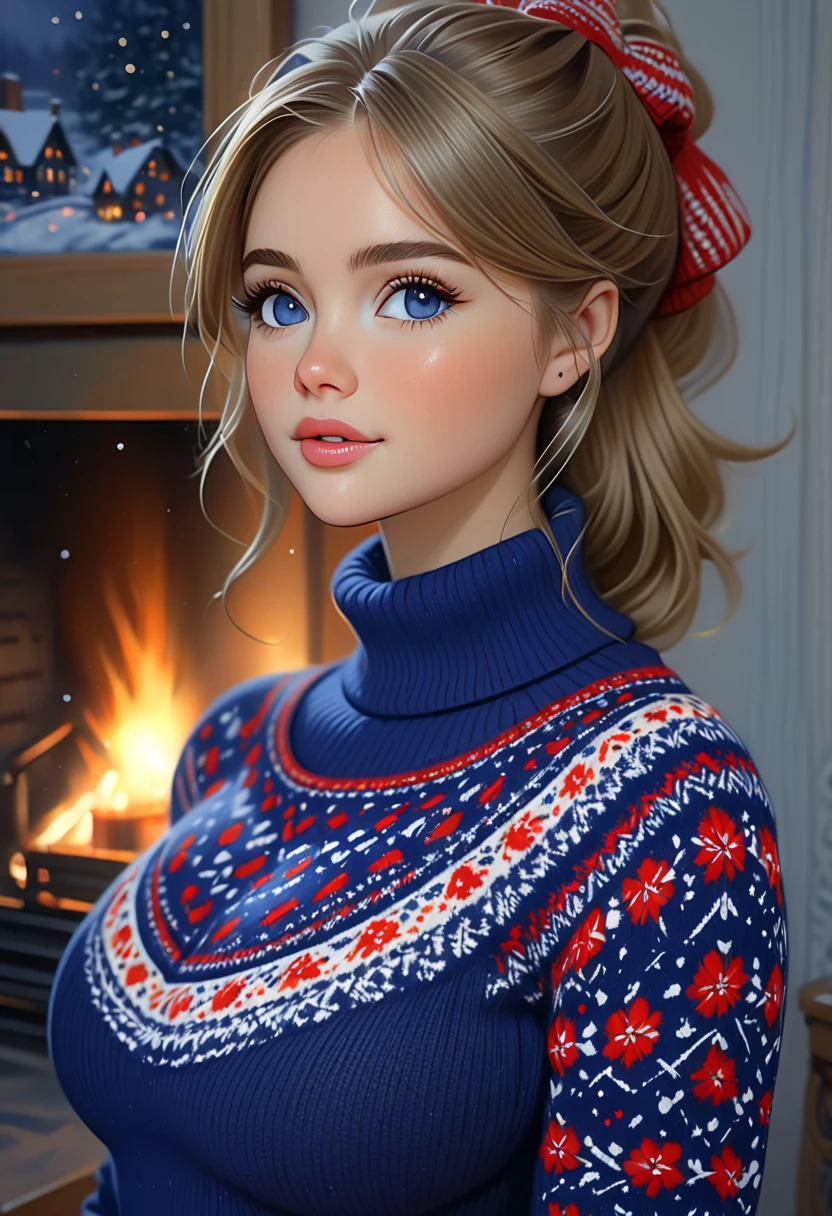 A Nubile, Sultry And Alluring needy Woman Who Is Stting In Front Of A Stone Fireplace Wearing A Tight Cozy Navy Blue Knitted Sweater. B-Cup. cleavage. cute pose. A Cute Skirt With Leggings The Scene Is Cosy And Hygge. Snowing Outside. The Medium Used To Depict This Artwork Is Oil Painting, Ensuring A High-Quality And Detailed Result. The Painting Style Is Realistic And Photorealistic, With Vivid Colors And Sharp Focus. The Overall Lighting Is Well-Balanced, Illuminating The Scene Beautifully. Elle Bamber