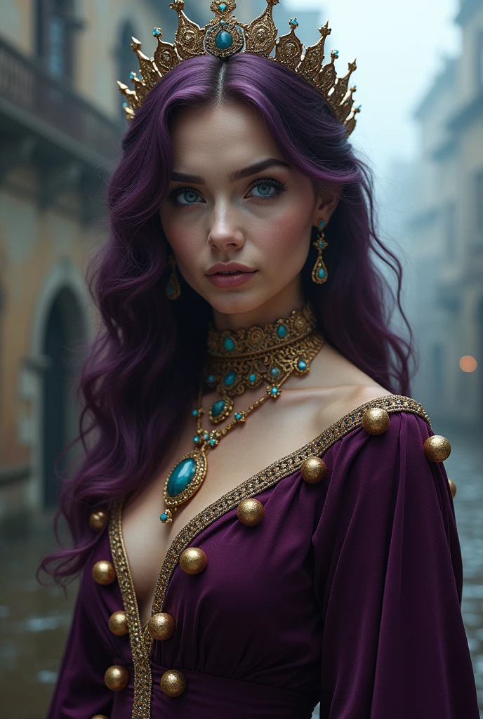 a beautiful curvy white-skinned princess with purple hair, detailed jewelry, photorealistic, highly detailed, cinematic lighting, chiaroscuro, fantasy, digital art