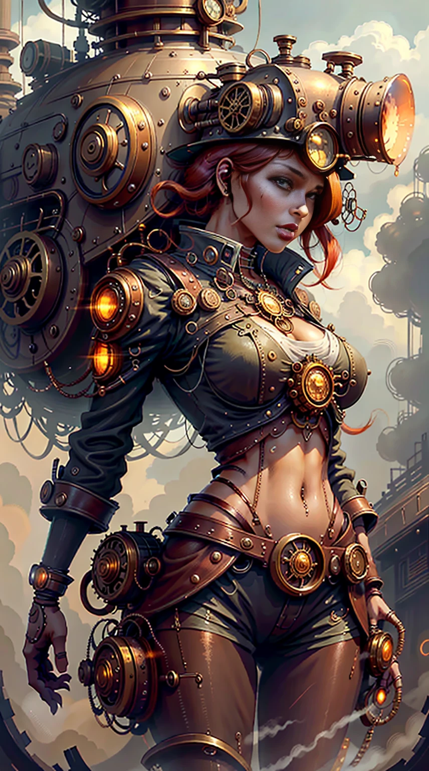 There's a sexzy indian 1woman with a steam-powered dusky skin, with big boobs,Royal look,helmet, arte conceitual steampunk, sexzy full body view top to bottom, stsnding in backview turning camera, random camera anhle,dark smoke fog background,arte steampunk digital, arte steampunk de alta qualidade, Wojtek FUS, arte digital steampunk, detailed wild steampunk illustration, Portrait of a gold and copper mechanical woman, arte steampunk, estilo de arte dieselpunk, cyberpunk steampunk, estilo de fantasia steampunk, Arte digital altamente detalhada em 4k, sci-fi steampunk