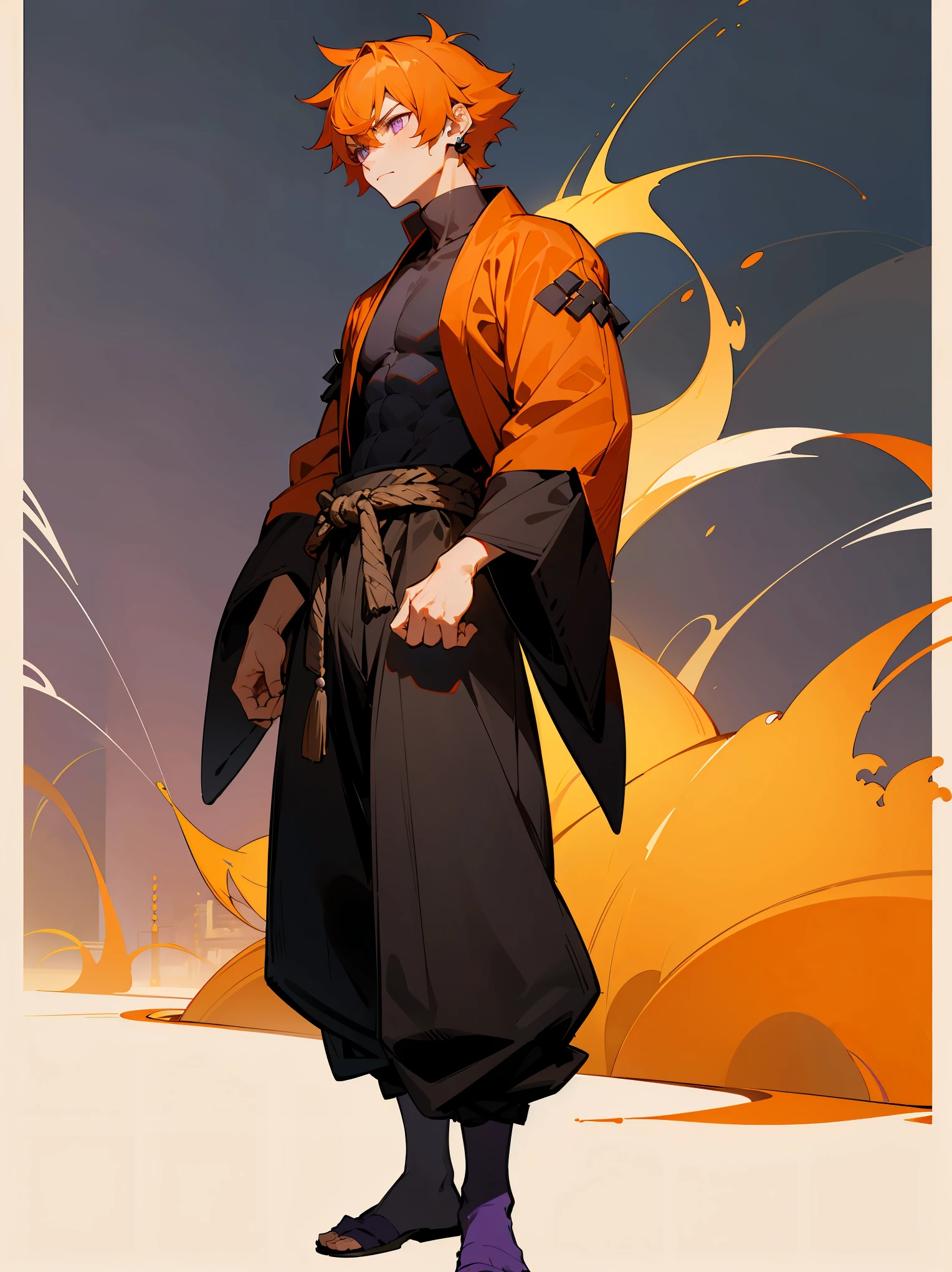 1male, dark auburn hair, styled in a sleek top knot, warm amber eyes, serene expression, traditional dark kimono with intricate lantern motifs embroidered in gold, loose-fitting black hakama pants, simple wooden sandals, a subtle red silk sash, enchanting traditional Japanese garden background with glowing paper lanterns hanging from cherry blossom trees, detailed face, hands to side, standing on path