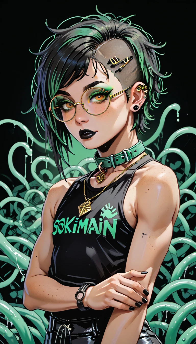 1boy;Androgynous;Japanese;dark brown punk undercut hair;gold eyes;freckled skin;toned,athletic body;black lip gloss;black eyeliner;green eyeshadow;sharp black nails;round glasses;amber pendant;green collar;pierced ears;GothMOONXL;anally raped by thick tentacles
