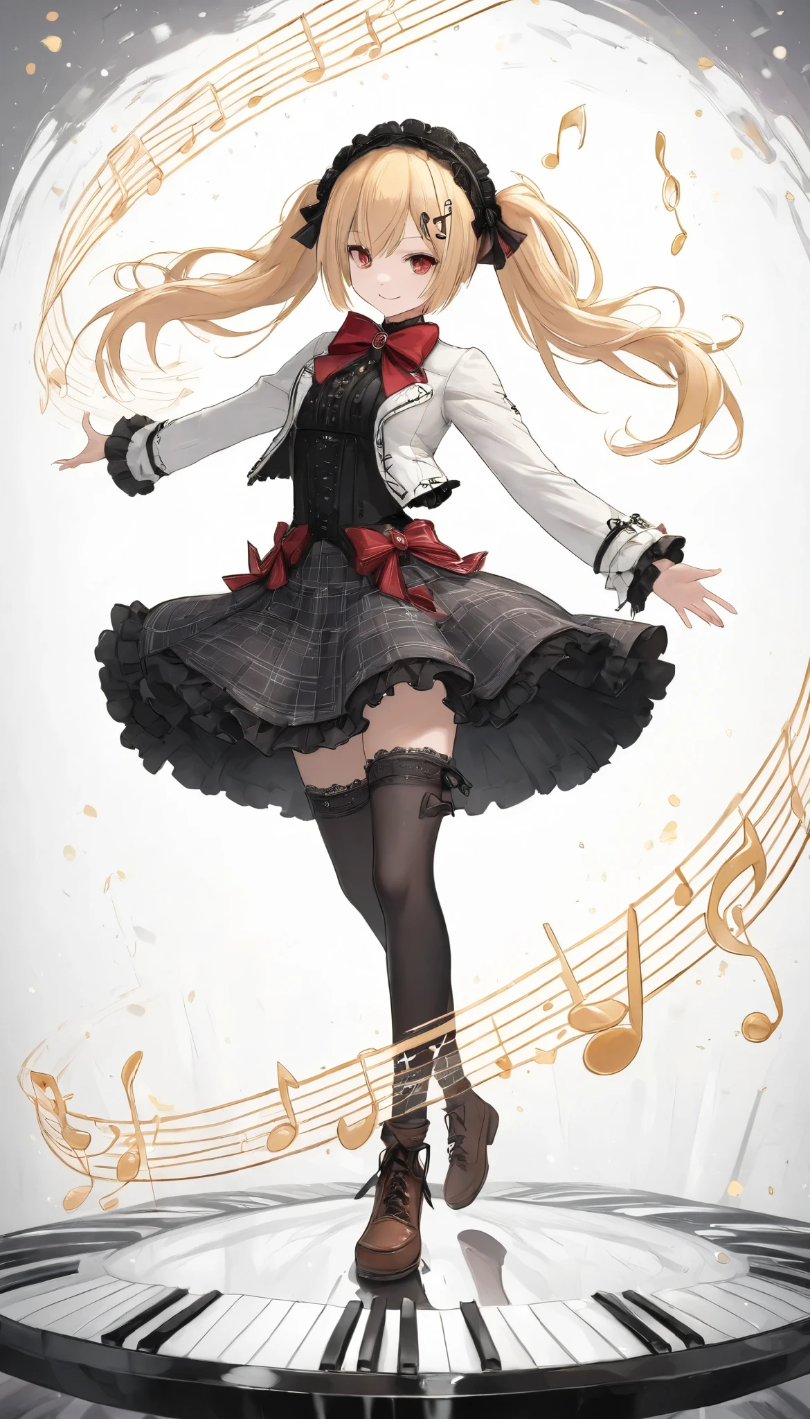 masterpiece, best quality, 8k, highres, ultra-detailed, HDR, UHD, dark gothic, best quality, 1girl, blonde hair, long hair, twin tails, red bow, music-themed outfit, musical note hair clip, white jacket, piano key pattern, plaid skirt, frilly hem, thigh-high stockings, brown shoes, ribbon accents, cheerful expression, open arms, dynamic pose, floating colorful music notes, vibrant, whimsical atmosphere, white background