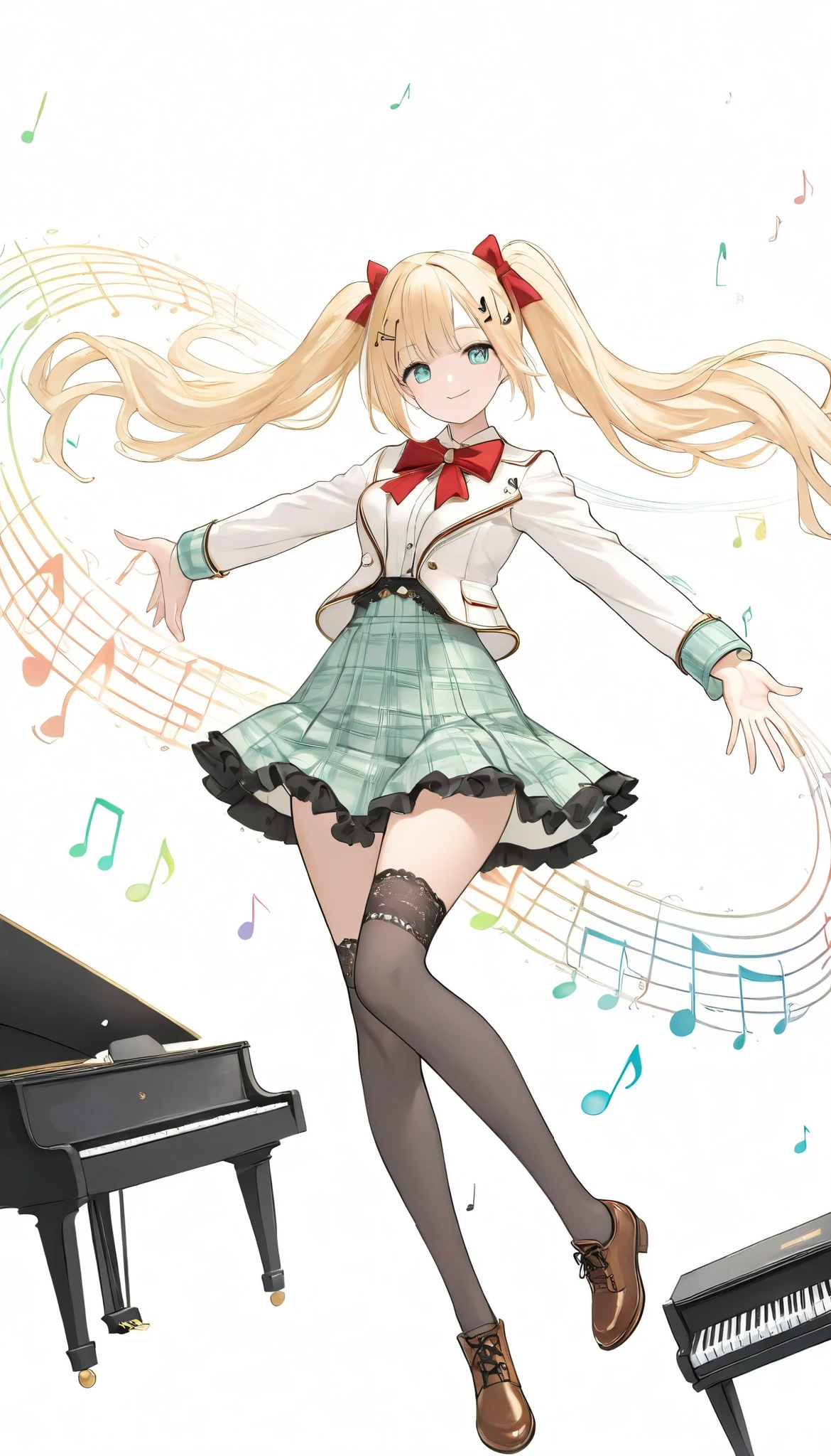 masterpiece, best quality, 8k, highres, ultra-detailed, HDR, UHD,pastel
theme color green, best quality, 1girl, blonde hair, long hair, twin tails, red bow, music-themed outfit, musical note hair clip, white jacket, piano key pattern, plaid skirt, frilly hem, thigh-high stockings, brown shoes, ribbon accents, cheerful expression, open arms, dynamic pose, floating colorful music notes, vibrant, whimsical atmosphere, white background