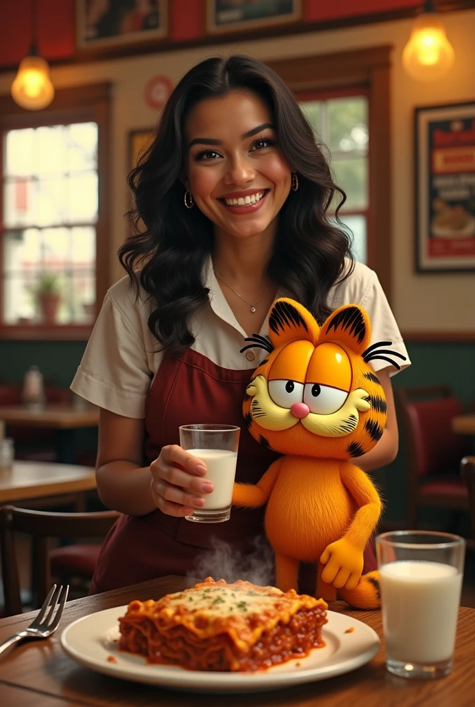 A stunning tableau: A real life, real photo of a Latina waitress, realistic eyes, dark wavy hair cascading down her back, stands confidently beside cartoon cat Garfield at a rustic Italian eatery. Warm lighting casts a golden glow on wooden tables, vintage posters, and rich colors. The waitress's piercing gaze meets the camera as she presents Garfield with a chilled glass of milk, her radiant smile filling the space. A steaming hot plate of lasagna beckons from before Garfield, inviting the viewer to savor the culinary treat. Real world meets cartoon Garfield the cat character 