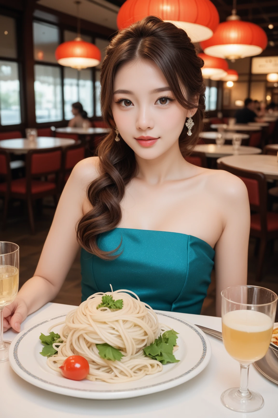 A beautiful Japanese woman dining at an elegant Italian restaurant, enjoying a plate of delicious pasta. She has long brown hair styled in a chic half-up hairstyle, wearing a stylish and cute outfit that highlights her charm and femininity. Her expressions are warm and delighted as she savors the food, showcasing her large chest in a tasteful manner. The setting is realistic, with soft ambient lighting, a well-decorated restaurant interior, and an inviting, luxurious atmosphere. The image should appear photorealistic, capturing every detail with high clarity and accuracy. RETINA,  textured skin, 