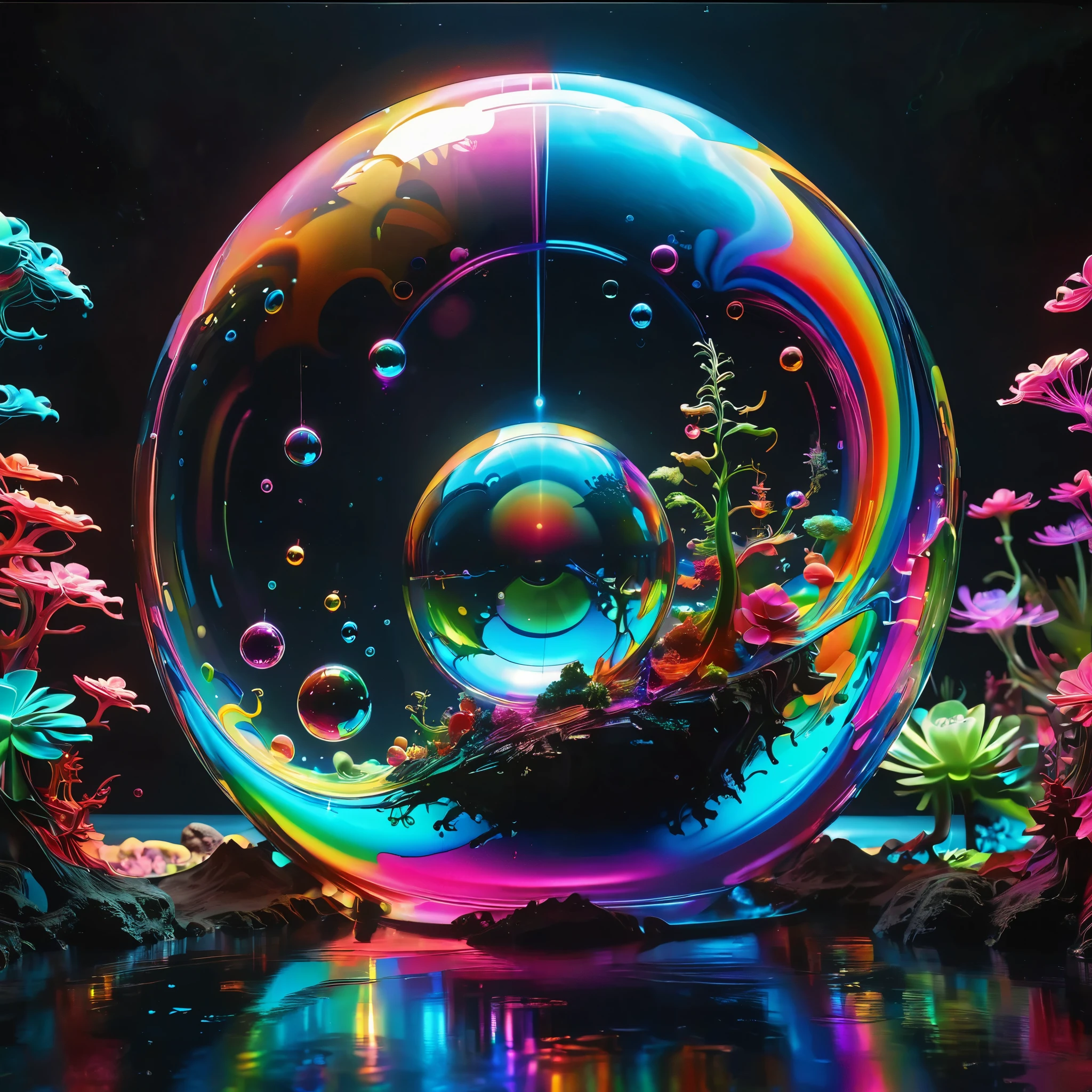 An amazing image of light emerging from colors in a psychedelic dream, shimmering glass morphing out of colors, bright neon and fluorescent colors,very bright, vibrant colors, perfectly formed and symmetrical reflective bubbles and spheres, attention to detail with these beautiful bubbles and spheres, Extreme  Hallucinations in a gorgeous piece of  psychedelic digital artwork, Stunning, pixel art, tripped out colors, 4d mandelbulb psychedelics, glass like psychedelic landscape, intricate rainbow environment, psychedelic underwater brightness and glow with neon colors, glowing colors twist inside of translucent glass spheres and bubbles with light and color reflecting off of both in bright fluorescent colors, psychedelic trip, fluorescent and neon aesthetic, psychedelic vibrant colors, bright psychedelic paint splattered backgrounds,swirling spirals and vortex, bright vibrant colors popping out from 3d glass spheres, Rotational Symmetry, Pixel Assets, Portrait photography, Surrealism, Photorealistic, Hyperdetailed, Glass Morphism, Digital Art, Sparkle, Optical Illusion, Glowing Light, Reflective Light, Overexposure, Backlighting, Depth Of Field, Spheres and bubbles show perfect Symmetry, UHD, High Details, High Quality, Super Detailed, Full Focus, Awe inspiring, Shockingly unique wallpaper art, Breathtaking, Indescribably Beautiful, Heaven sent images, Best Quality, Award Winning, Masterpiecea psychedelic digital art,ultra-detailed vibrant fluorescent neon colors,intricate rainbow glass-like environment,shimmering glass bubbles morphing out of swirling colors,glowing light and reflection,4d mandelbulb psychedelic landscape,bright overexposed backlighting with depth of field,award winning masterpiece,pixel art,portrait photography,photorealistic,hyperdetailed,glass morphism,sparkle,optical illusion,rotational symmetry,best quality,8k,ultra-fine details