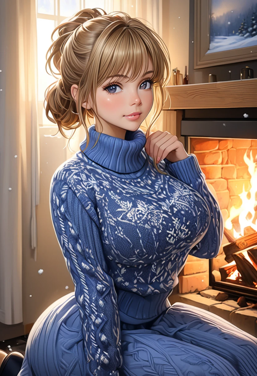 A Nubile, Sultry And Alluring needy Woman Who Is Stting In Front Of A Stone Fireplace Wearing A Tight Cozy Navy Blue Knitted Sweater. B-Cup. cleavage. cute pose. A Cute Skirt With Leggings The Scene Is Cosy And Hygge. Snowing Outside. The Medium Used To Depict This Artwork Is Oil Painting, Ensuring A High-Quality And Detailed Result. The Painting Style Is Realistic And Photorealistic, With Vivid Colors And Sharp Focus. The Overall Lighting Is Well-Balanced, Illuminating The Scene Beautifully. Traylor howard