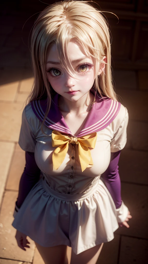 16k, highres, masterpiece, best quality, realistic, cinematic photo a very short girl, solo, (looking at viewer:1.2), high definition, 8K, detailed face, showing her breast,  (1girl, Hair Color/Style: long white hair with purple tint, straight, flowing strands, soft bangs framing the face, loose strands for a natural look
Eye Color: (golden yellow eyes:1.3) — regard lumineux et captivant, SHORTS hairclip, medium breasts,,smile)), ((Outfit: purple and white school uniform, sailor-style collar, yellow ribbon tied in a bow, layered skirt
Accessories: minimal, no visible jewelry or elaborate accessories
Pose: standing pose, slight tilt of the head, relaxed yet thoughtful demeanor
Expression: calm and introspective expression, slight melancholic undertone
Setting: urban evening scene, dimly lit brick wall in the background, subtle window light
Lighting and Atmosphere: soft evening glow, warm lighting from above, gentle shadows enhancing the character’s features))), luminous forest,((large breasts)), slim and thin, body of equal proportions, ((focus on her breast)), front view, four fingers and 1 thumb, ((2 hands)), Blonde hair, Beautiful smile, Smiling at viewer, blushing cheeks, (brown eyes:1.2),

